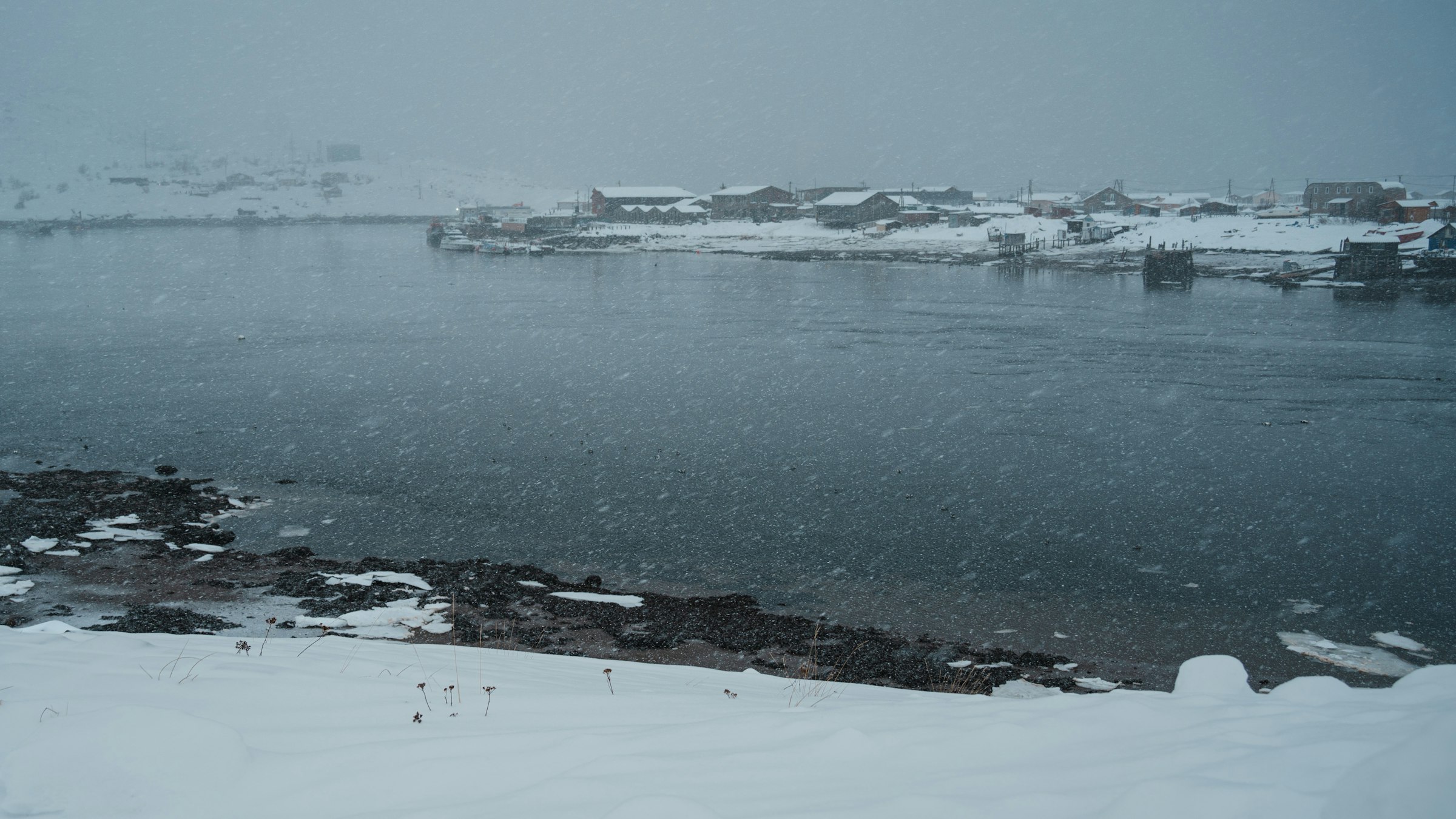 Snowy Barents Sea coast in the Murmansk region