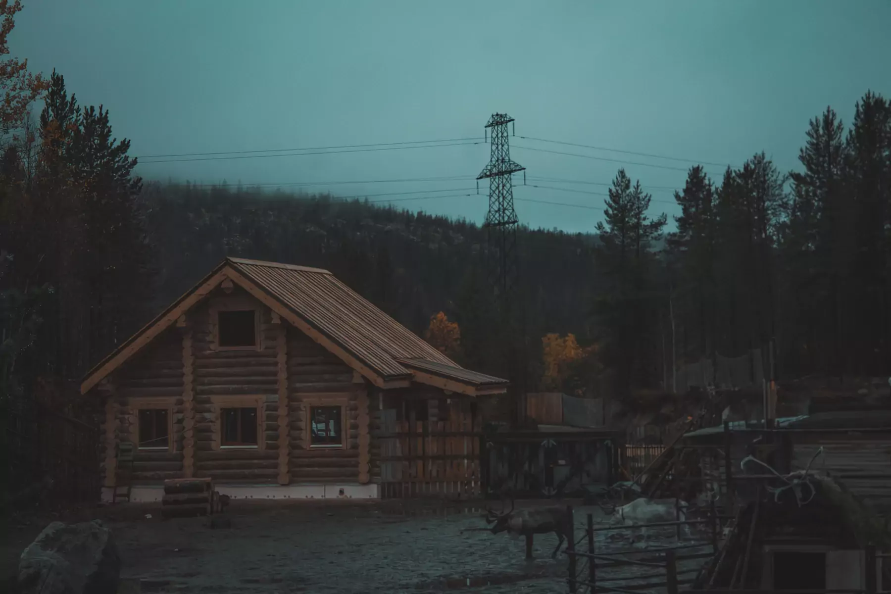 Snow-covered wooden cabin in a northern forest
